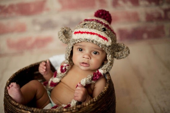 Sock Monkey Hat - Hand Crochet Unisex Baby or Toddler Beanie - Super Soft with Pom Pom in Oatmeal, Red and Cream