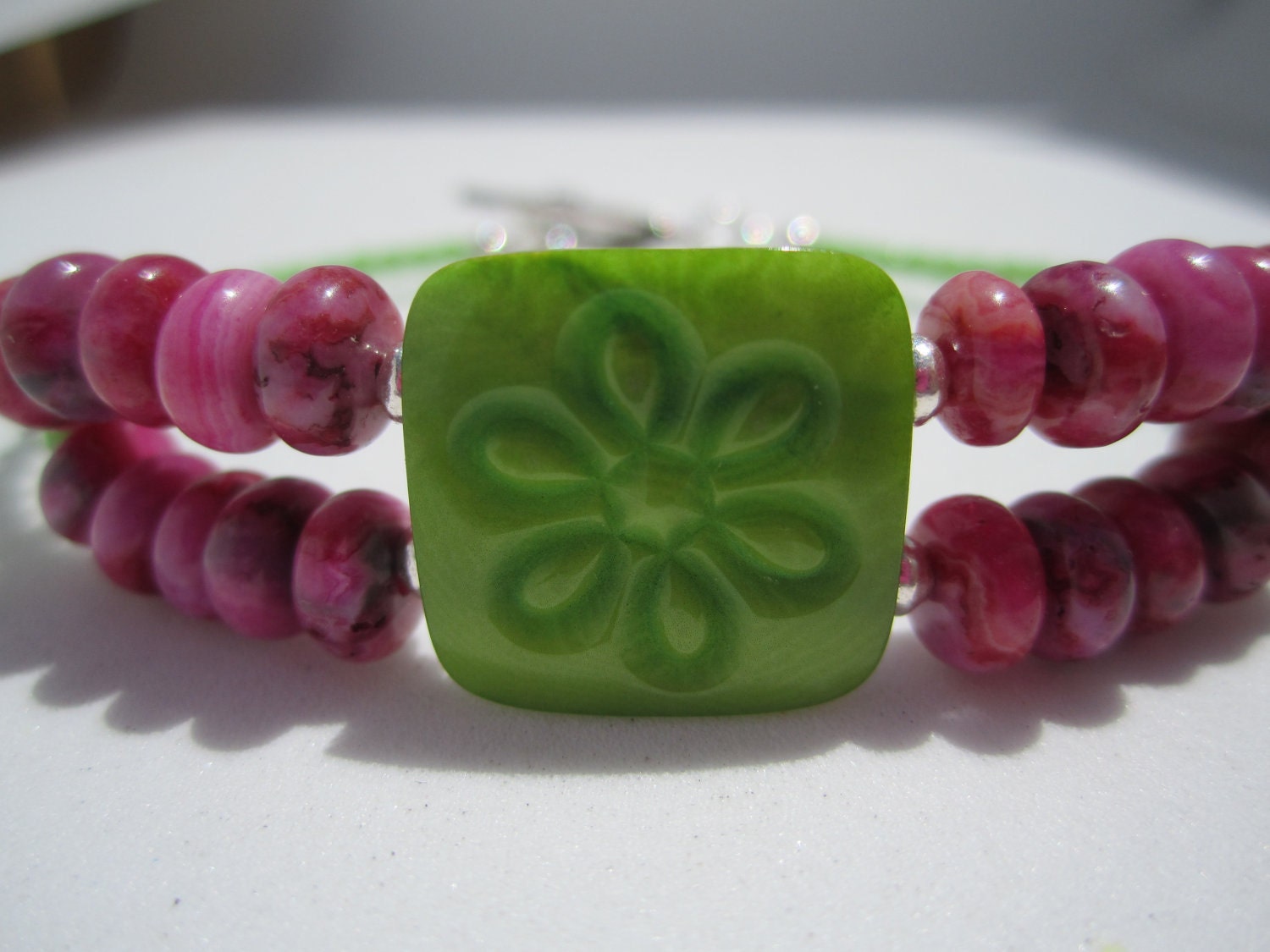 Rain forest Tagua Nut green and pink bracelet