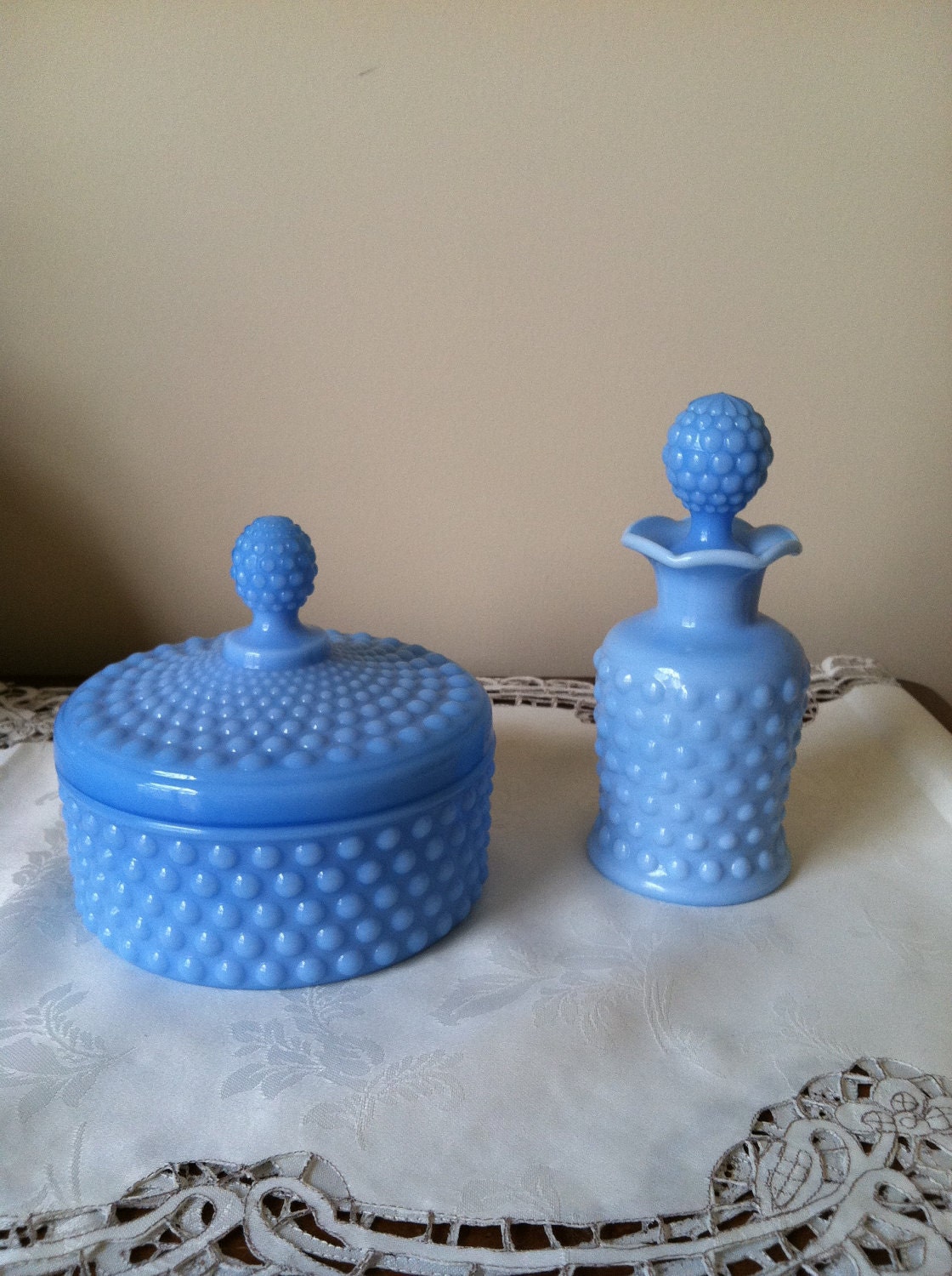 Imperial Glass Forget-me-Not Blue Milk Glass Hobnail Dresser Set Powder Jar and Perfume Bottle