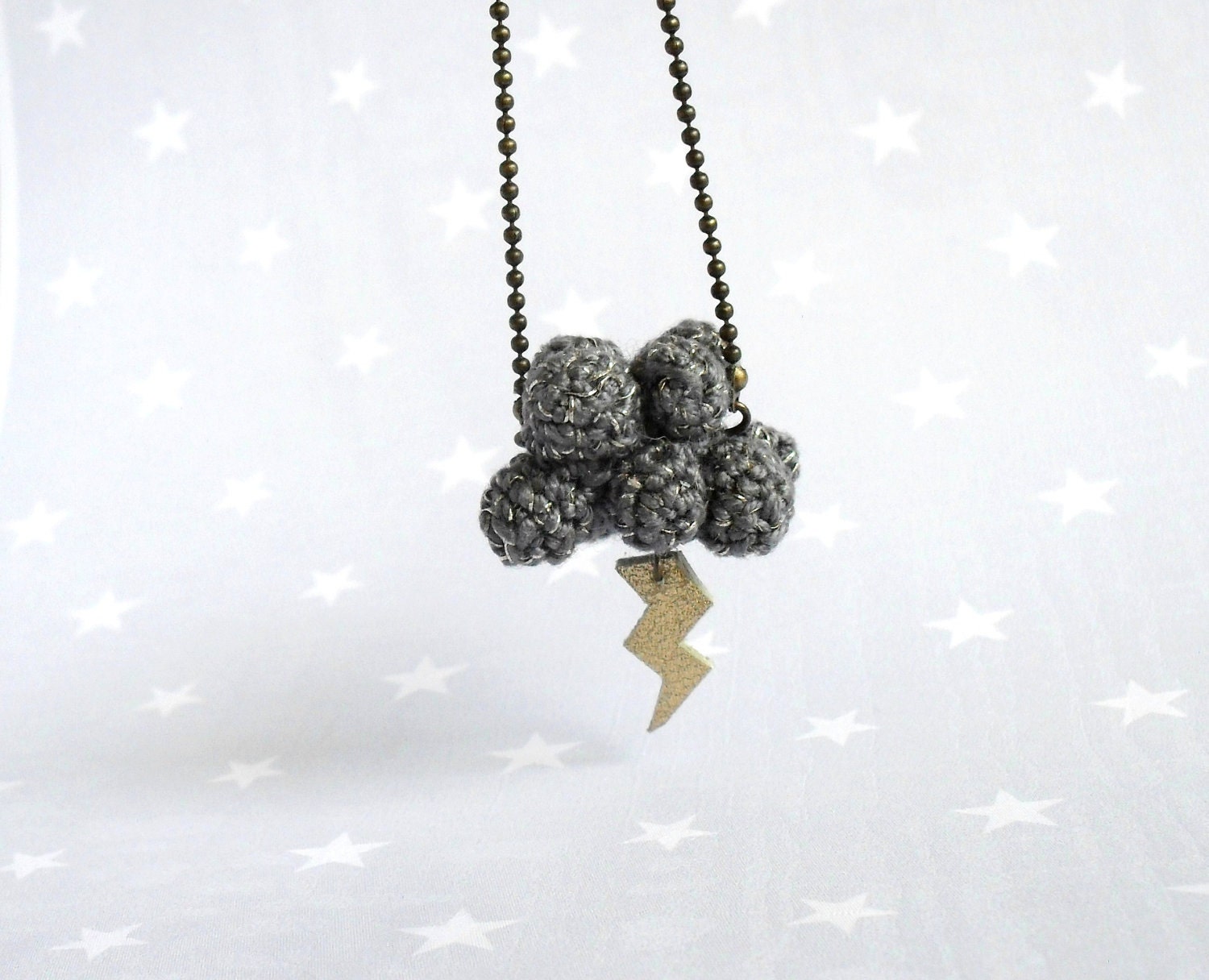 necklace with cloud and lightning- "little storm"-gray crochet cloud