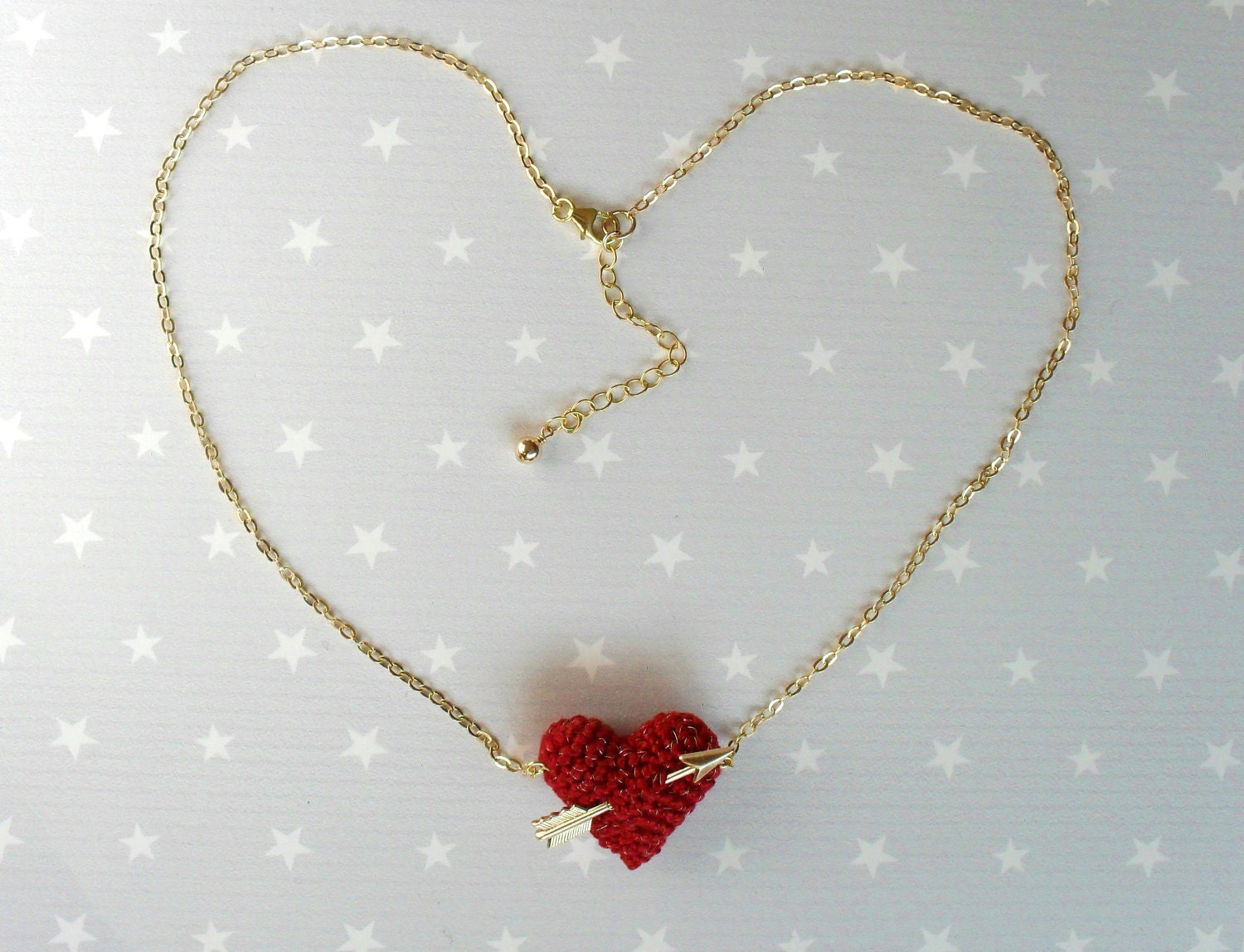 Mother's day Necklace crochet red heart and gold arrow.. Wedding necklace