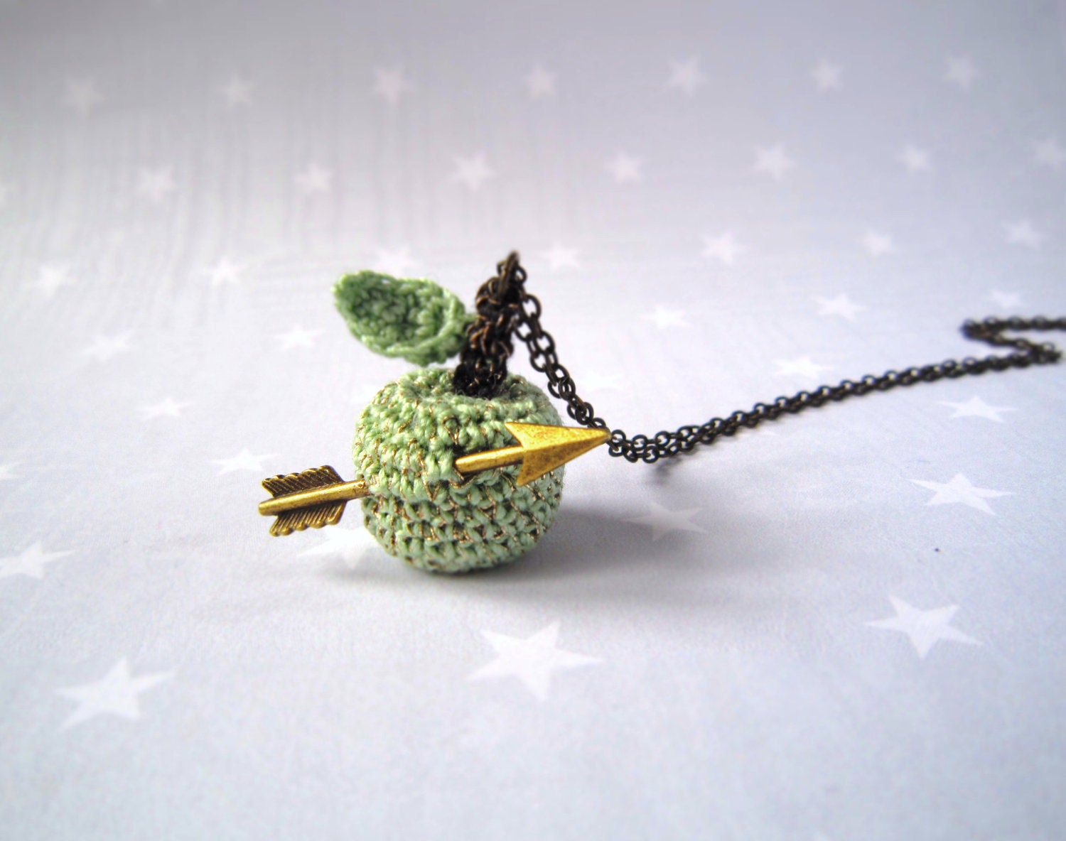 Christmas Necklace crochet green Apple and arrow on a brass chain...