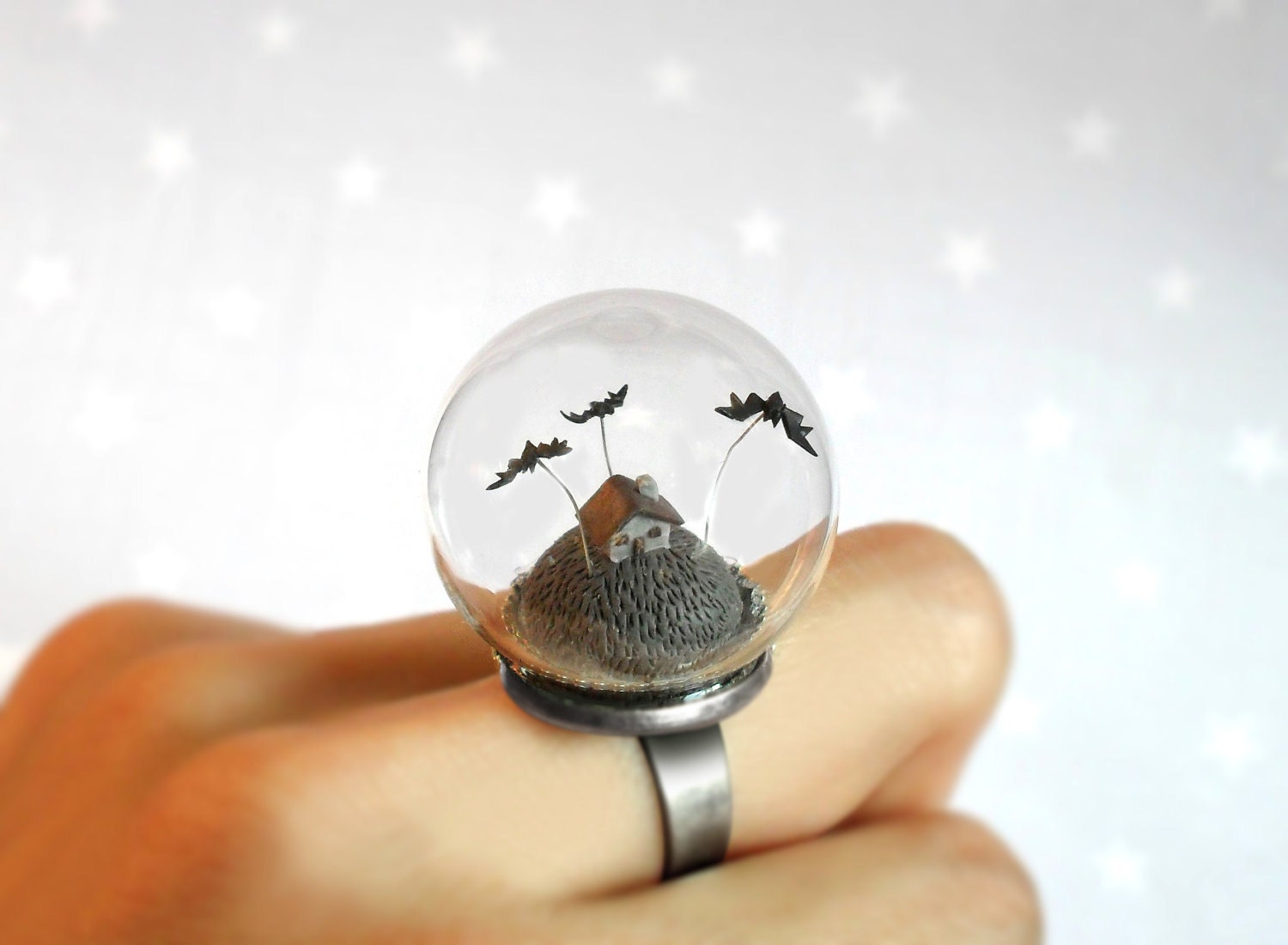 Miniature ring-Scary little gray house and bats - fantasy adjustable ring
