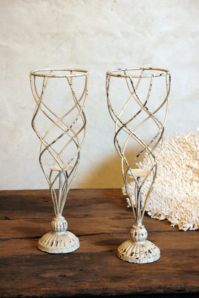 Vintage Distressed Iron Candle Pedestals .. Spiral Up
