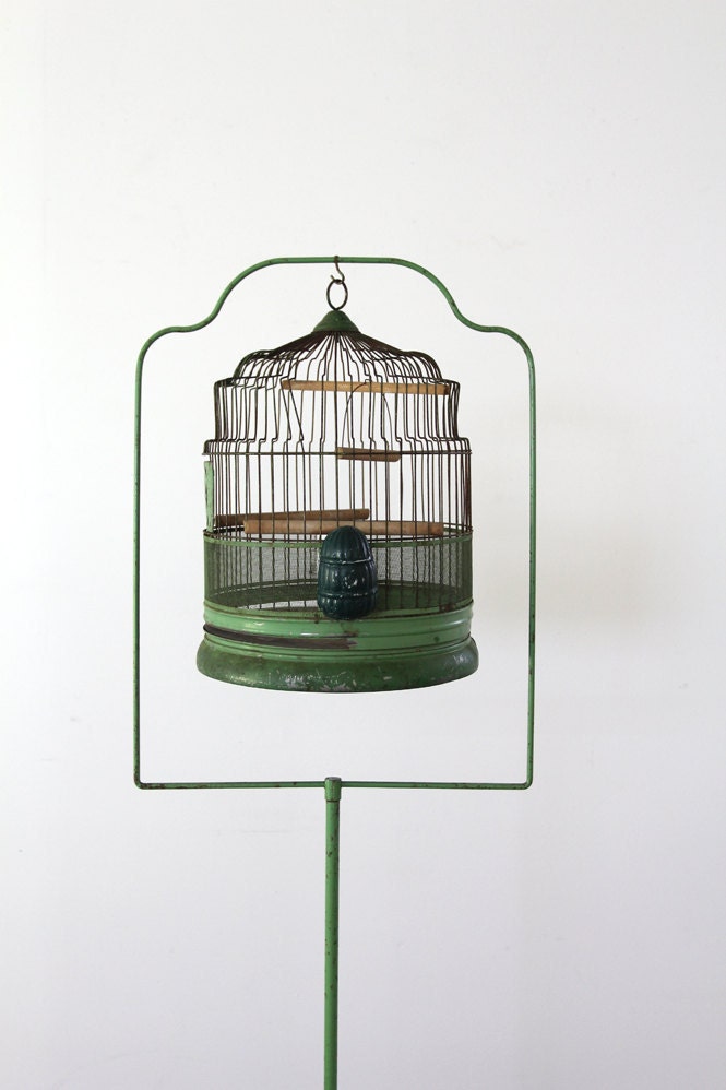 Antique Birdcage with Stand // 1920s Green Bird Cage