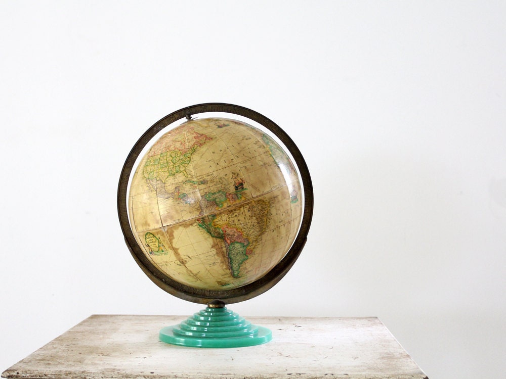 1930s Globe // Rand McNally Globe with Green Glass Base