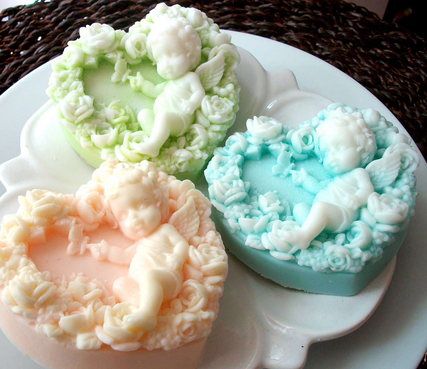 SOAP SET, Cupid Baby Angels Surrounded by Roses, Scented in Freesia, Handmade, Vegetable Based