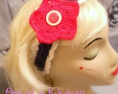 Red, White, & Blue Acrylic Crochet Headband with Large Red Crochet Star with Button Accents, on elastic