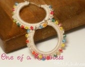 The Singleton: Silver Plated Hoops Crocheted with Natural Bamboo Thread, Multi Color Glass Seed Beads