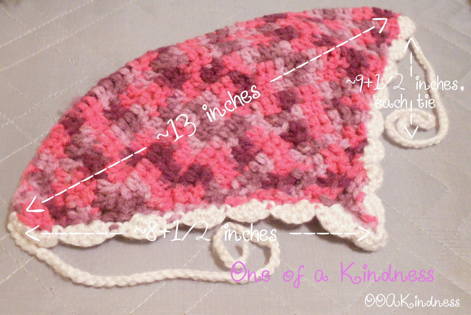 Pink & Purple Variegated Acrylic Crochet Kerchief with White Scallop Trim