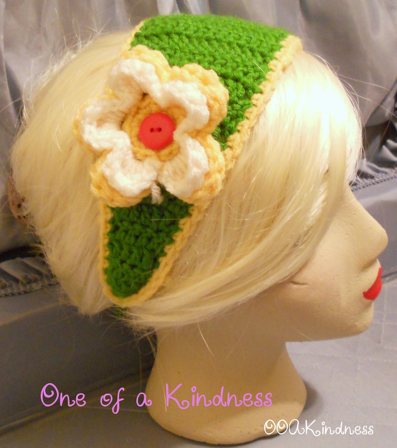 Wide Green Acrylic Crochet Headband with Yellow Trim, Yellow & White Crochet Flower, ties for fit