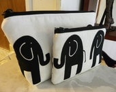 Sale-Elephants Large zipper Cosmetic/accessory with coin pouch-Black and White