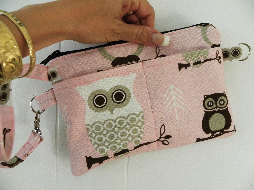 Owls Pink Large zipper Kindle/eReader/Cosmetic/Accessory/Travel Bag-Wristlet-New Item