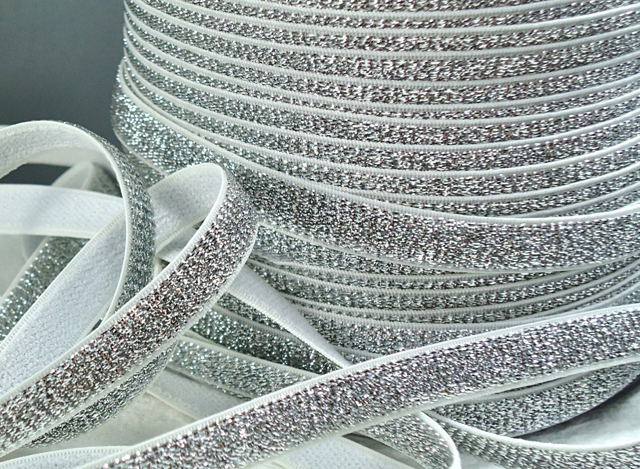 5yds Elastic Headbands 3/8 inch - 10mm Silver Metallic on White Shiny Elastic Headbands