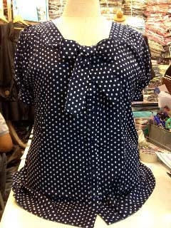 Plus Size... Lovely Polka Dot Front Bow Top (dark blue) - Size: 1X, 2X, 3X