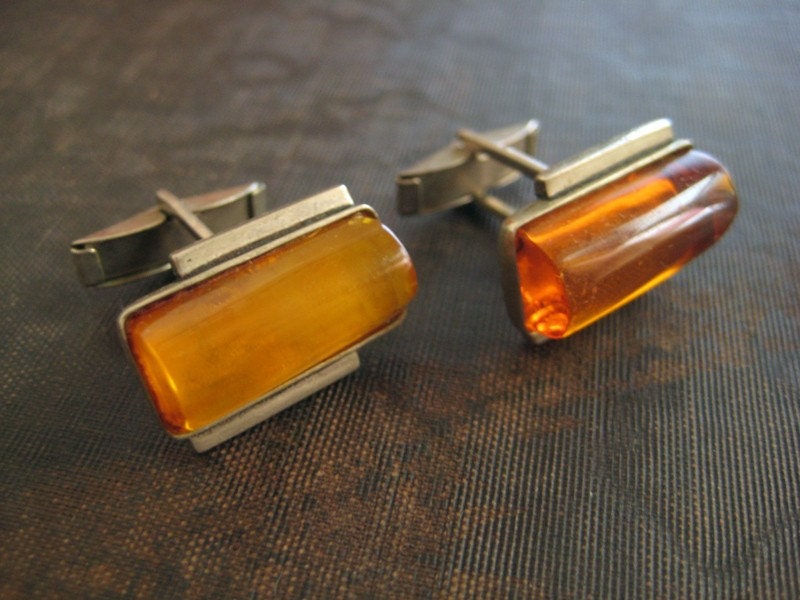 Vintage Metal Amber Stylish Steampunk Cufflinks 1970s