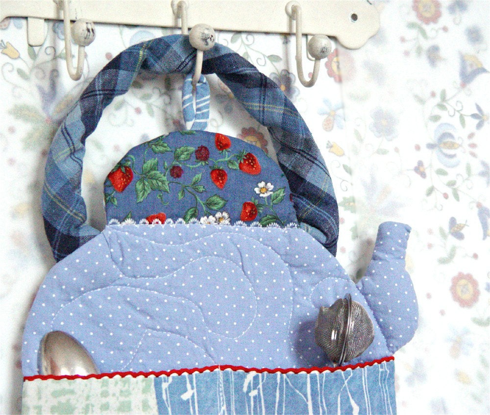 Wall Pocket Decor Organizer, Textile Pocket, Kitchen Pocket, Fabric Organizer, Wall Hanging, Bills Holder, Kitchen Holder, blue teapot