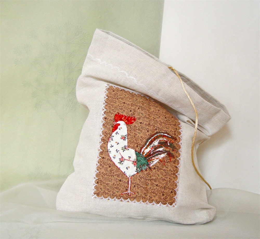 LINGERIE BAG, Storage Idea, Home Decor, Linen Bag, Brown Natural, White Rooster