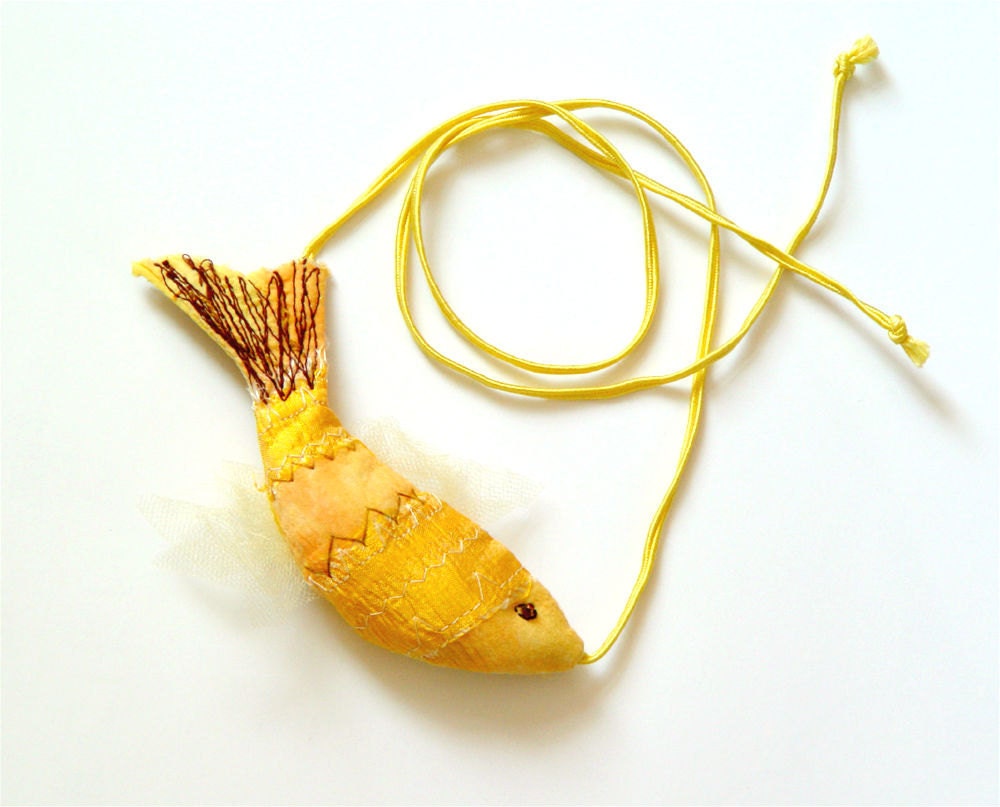 FANCY FISH, Summer Textile Pendant, Yellow Fish, Sunny Decor, Fiber Art
