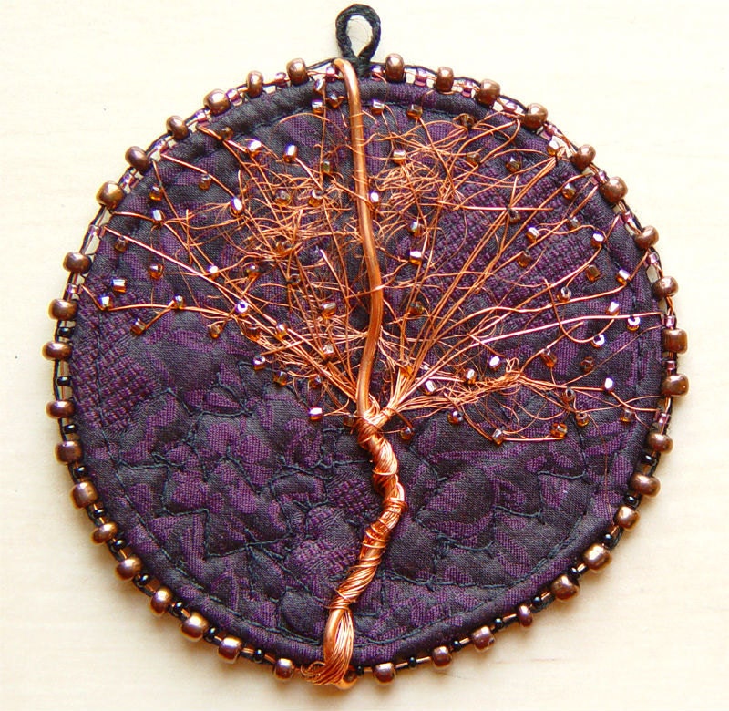 COPPER TREE, Purple Silk, Embroidered Ornament, Home Decor, Textile and Wire
