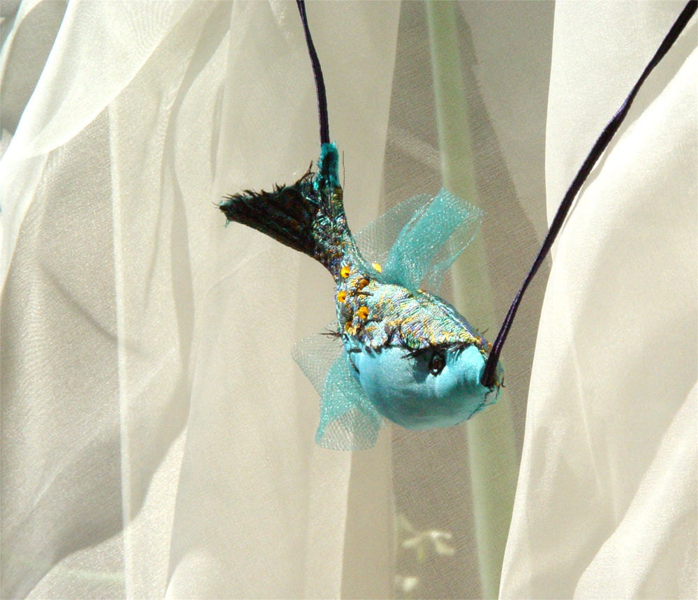 Silk pendant, fish necklace, art to wear, blue necklace, art jewelry