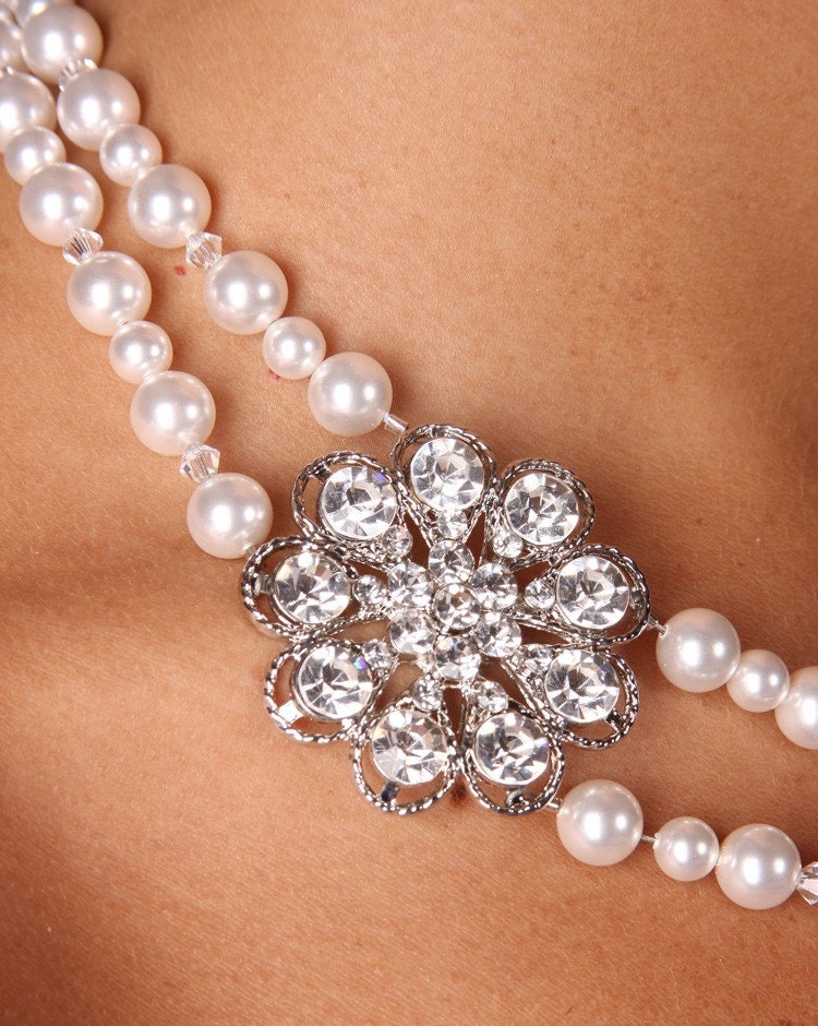 Bridget, Rhinestone Brooch Double Strand Necklace Swarovski Pearls and Crystals