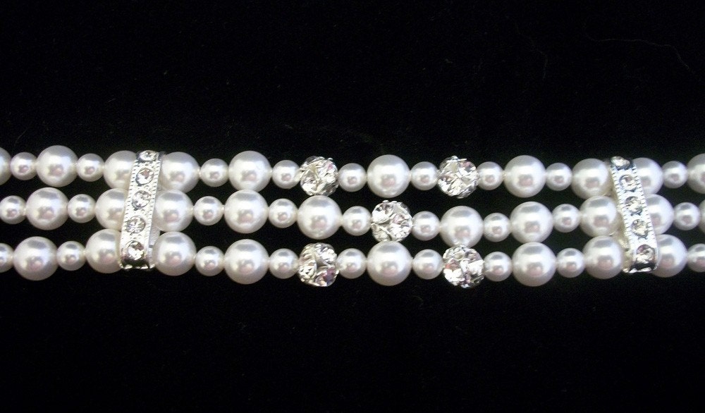 Triple Strand Swarovski Crystal Pearl Rhinestone Ball Bridal Bracelet, The Grace