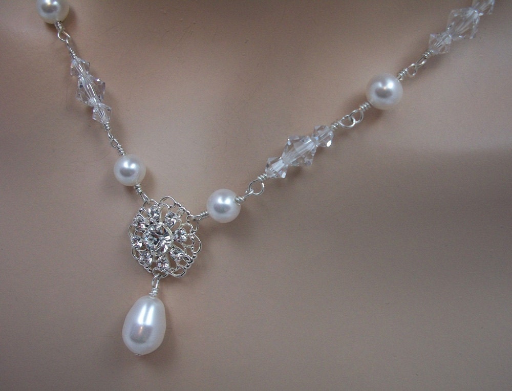 Bridal Necklace Swarovski Crystal and Pearl Rhinestone Filagree, Loves Me, Loves Me Not