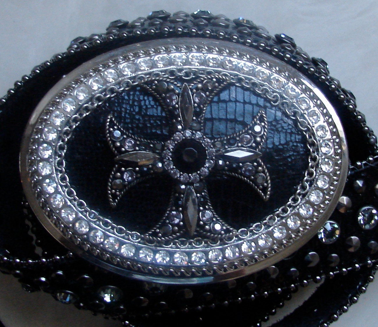 Maltese Cross Swarovski Crystal Buckle and Black Crystal Leather Belt
