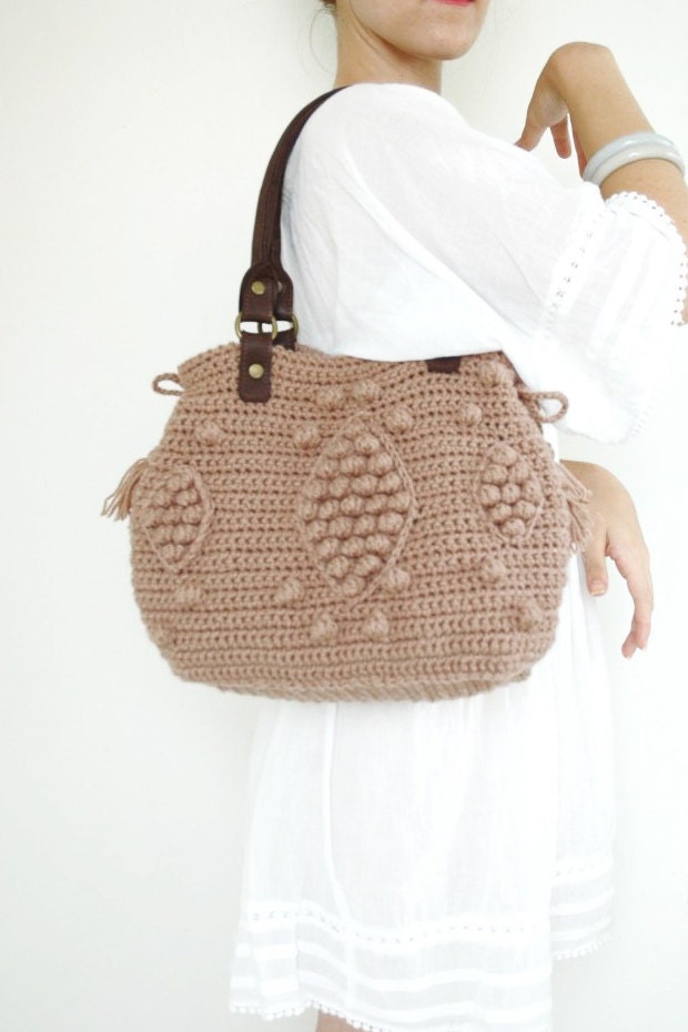 Taupe handbag  Celebrity Style With Genuine Leather Handles-crochet bag-shoulder bag hand made