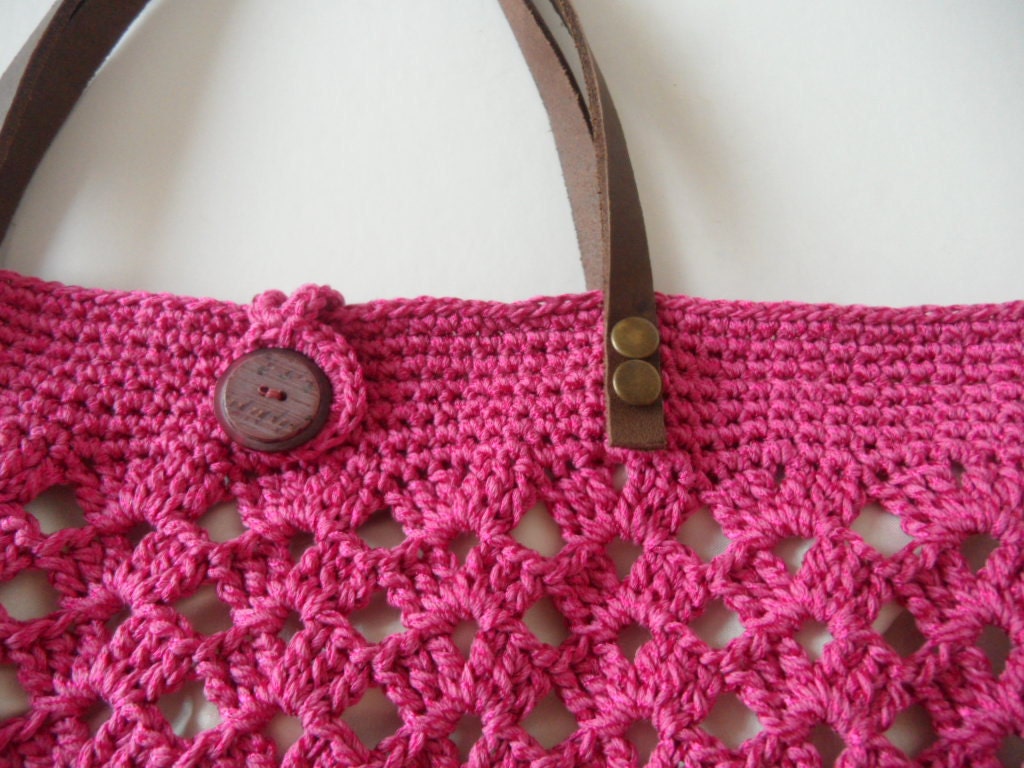 Fuchsia summer bag - Handbag Celebrity Style With Genuine Leather Straps / Handles shoulder bag-crochet bag-hand made