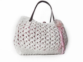 new season bag-white summer bag- Handbag Celebrity Style With Genuine Leather Straps / Handles shoulder bag-crochet bag-hand made