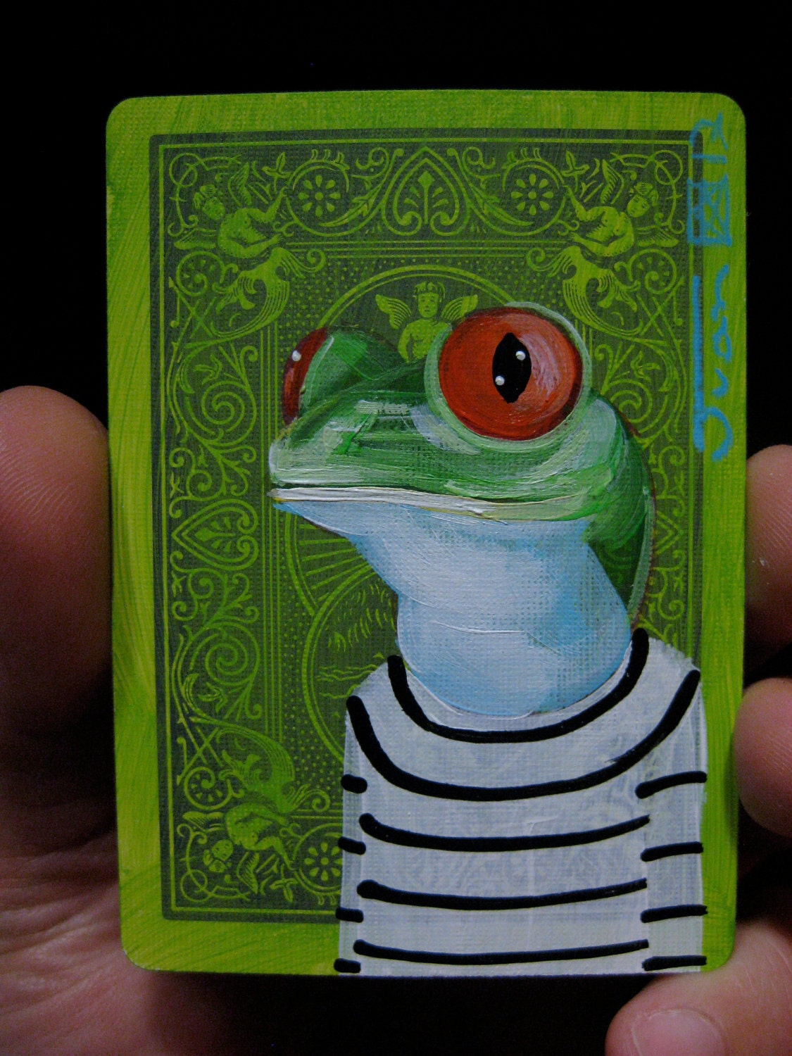 Red Eyed Tree Frog Portrait N2 on a playing cards. Original acrylic painting. 2012