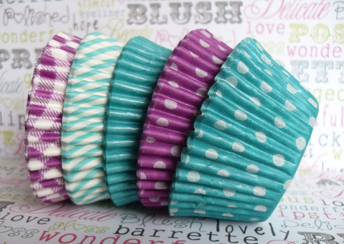 Aqua and Purple Polka Dots, Stripes, Gingham Designer Cupcake Liners, Baking Cups - 100 Count