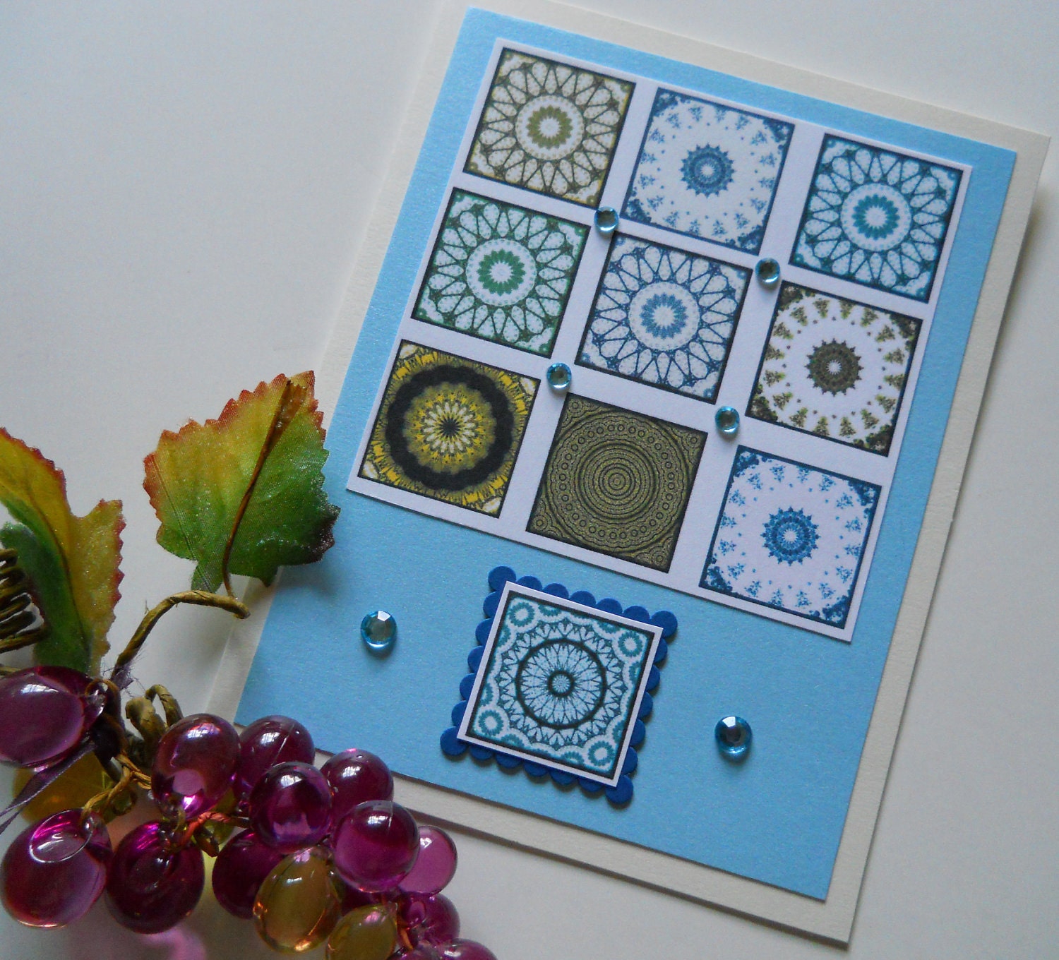 Greeting Card Birthday, Get Well, Hello, Friendship Soft Blue, Mandala