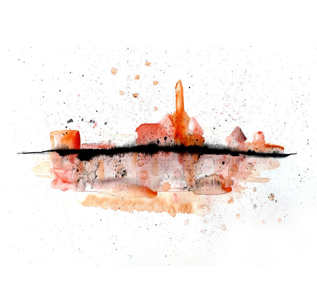 Original Painting Watercolor abstract fog city fine art illustration home wall decor artwork contemporary modern cityscape 13x19