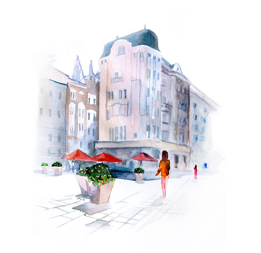 Old city architecture artwork 13x19 Original Watercolor Painting  wall home art decor contemporary fine art cityscape illustration