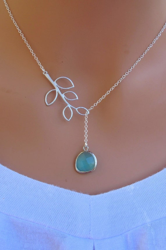 Aqua Blue and Branch Sterling Silver Necklace. Bridal. Wedding. Bridesmaids Gift. Everyday Wear.