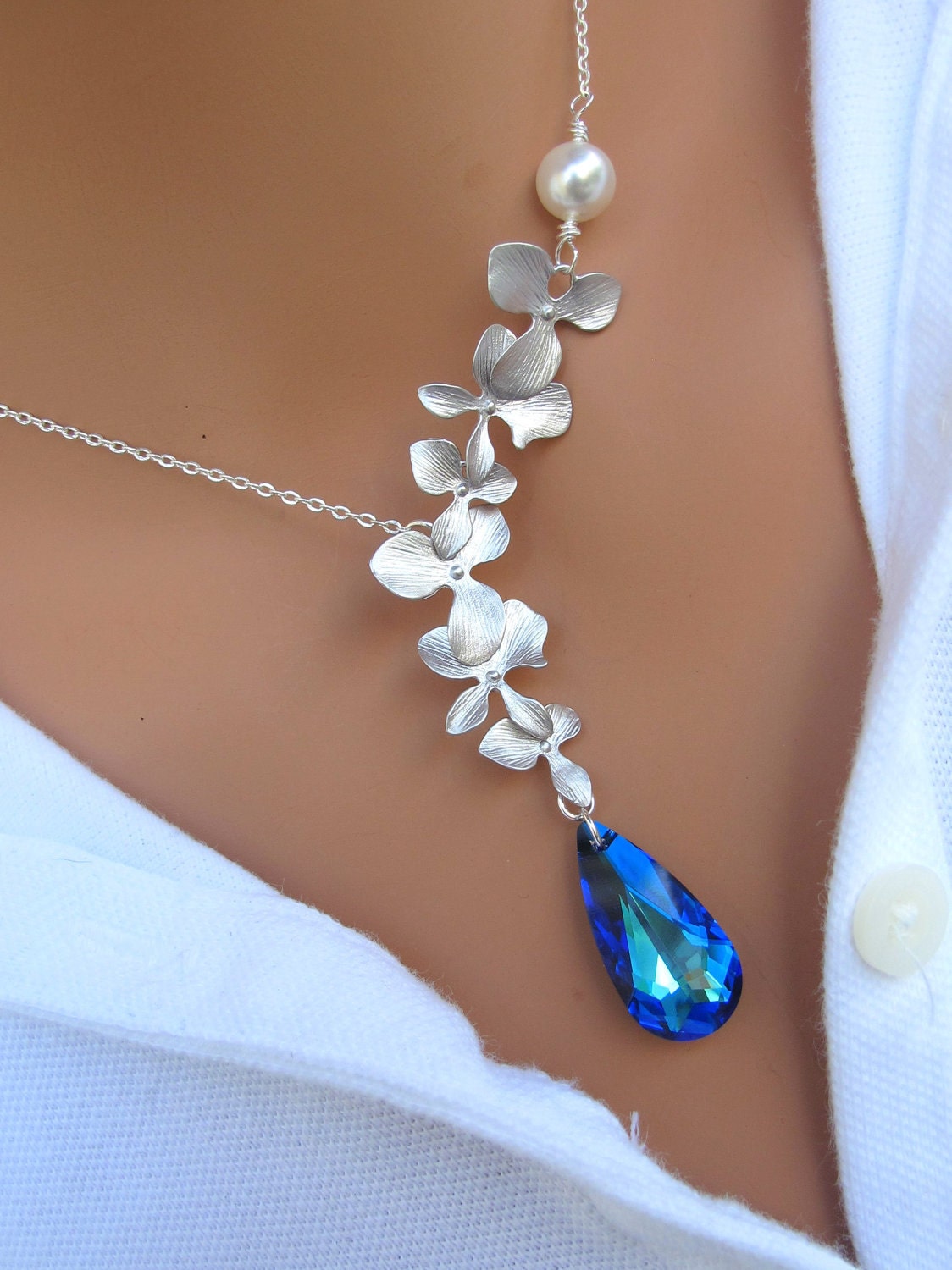 Peacock and Orchids sterling silver necklace. Bridal. Wedding. Bridesmaids Gift.