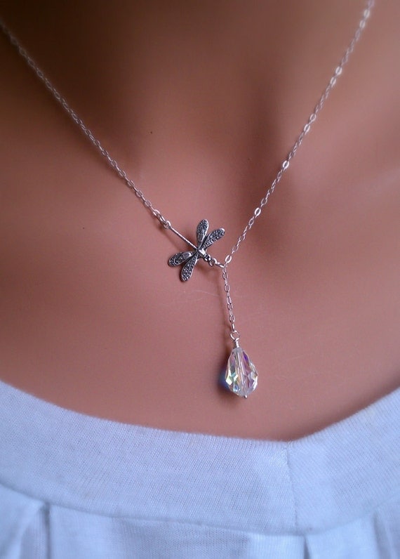 Dragonfly in the rain sterling silver lariat necklace with Swarovski Crystal