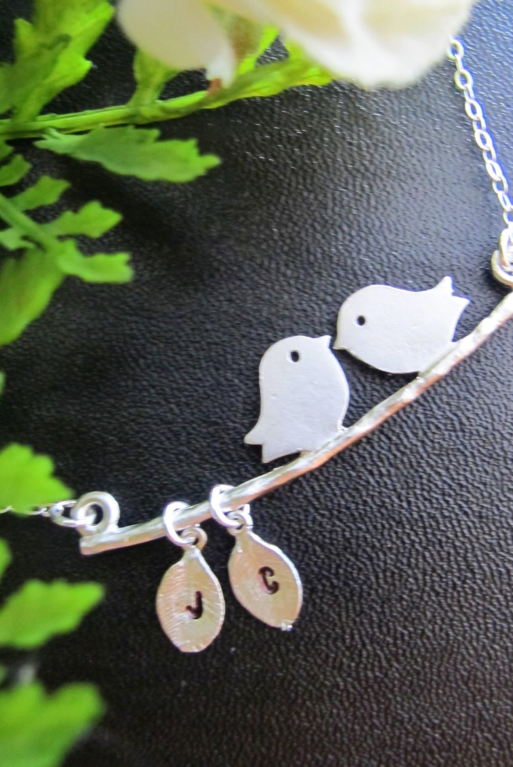 Kissing Love Birds necklace. Personalized. Initials on the Leaf. Couple. Two Love Birds. Anniversary. Marriage. Gift.