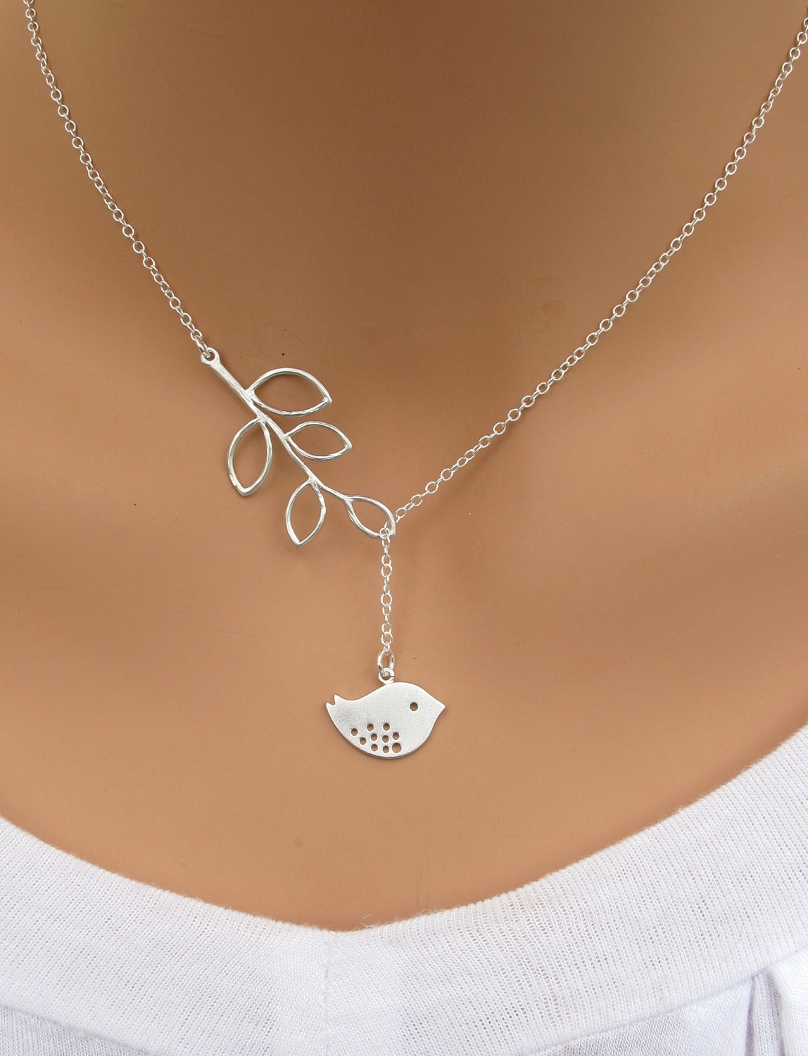 Bird and Branch lariat necklace in STERLING SILVER