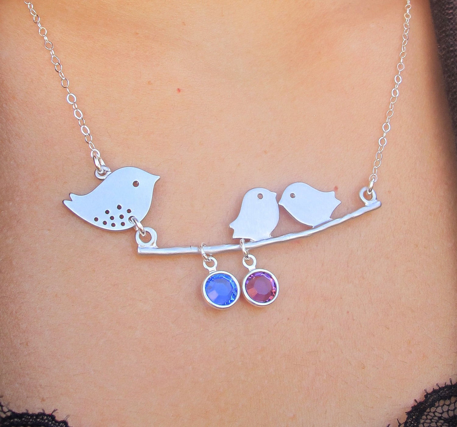 Mommy and Baby bird necklace. CUSTOM BIRTHSTONE. Personalized. Gift.