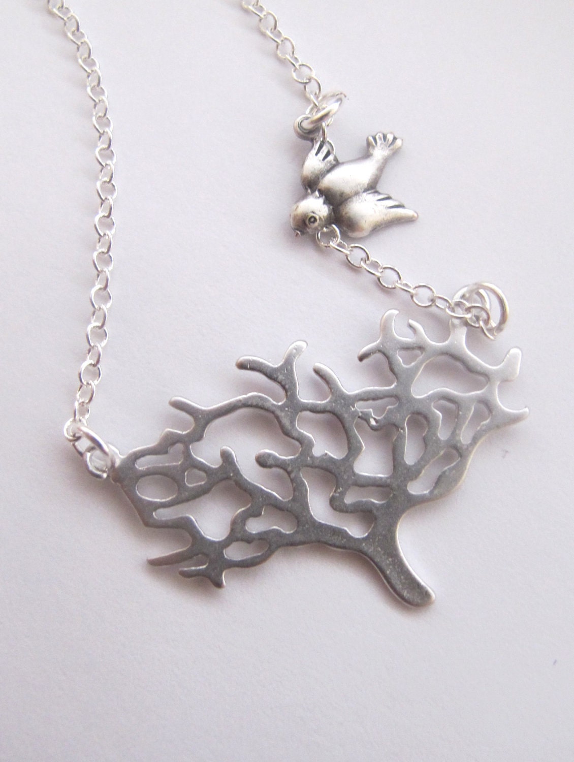 Tree and Sparrow Bird Necklace in STERLING SILVER.