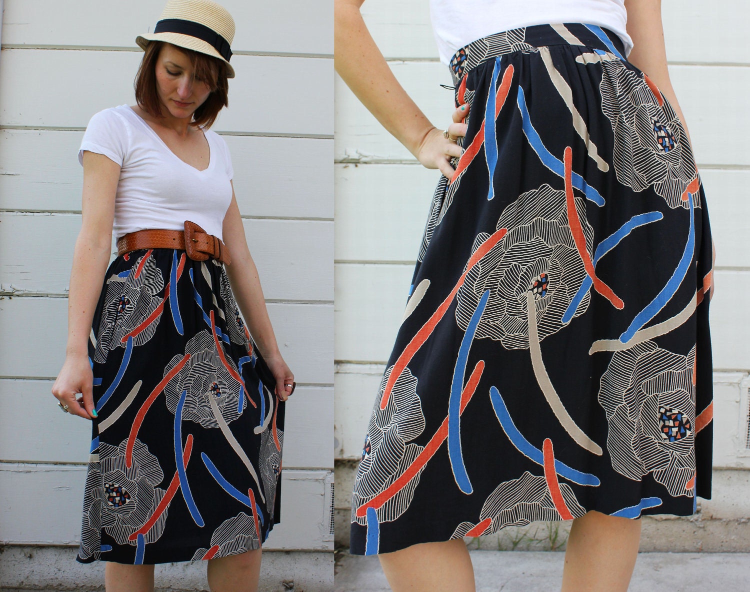 80s SKIRT vintage high waist black safari floral XS S c377