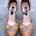 1970s shoes ankle strap HEELS tan floral leather 7N