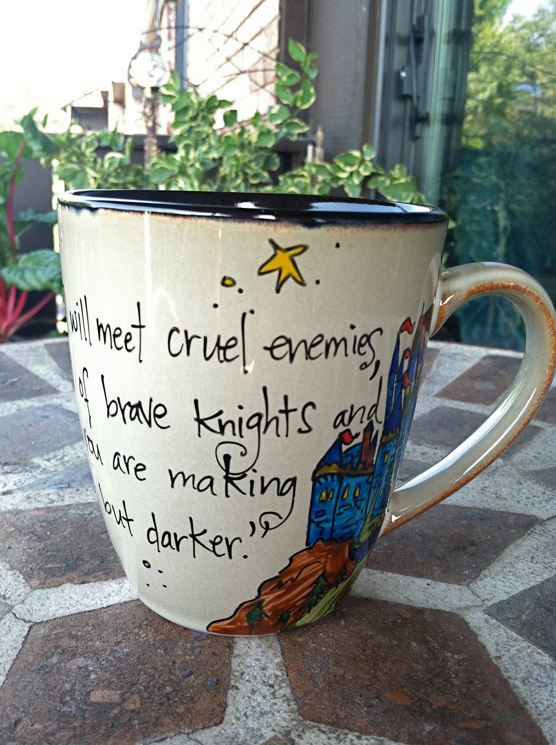 C.S. Lewis "Brave knights and heroic courage" Literary Quote Mug - Taupe, rustic mug with medieval castle