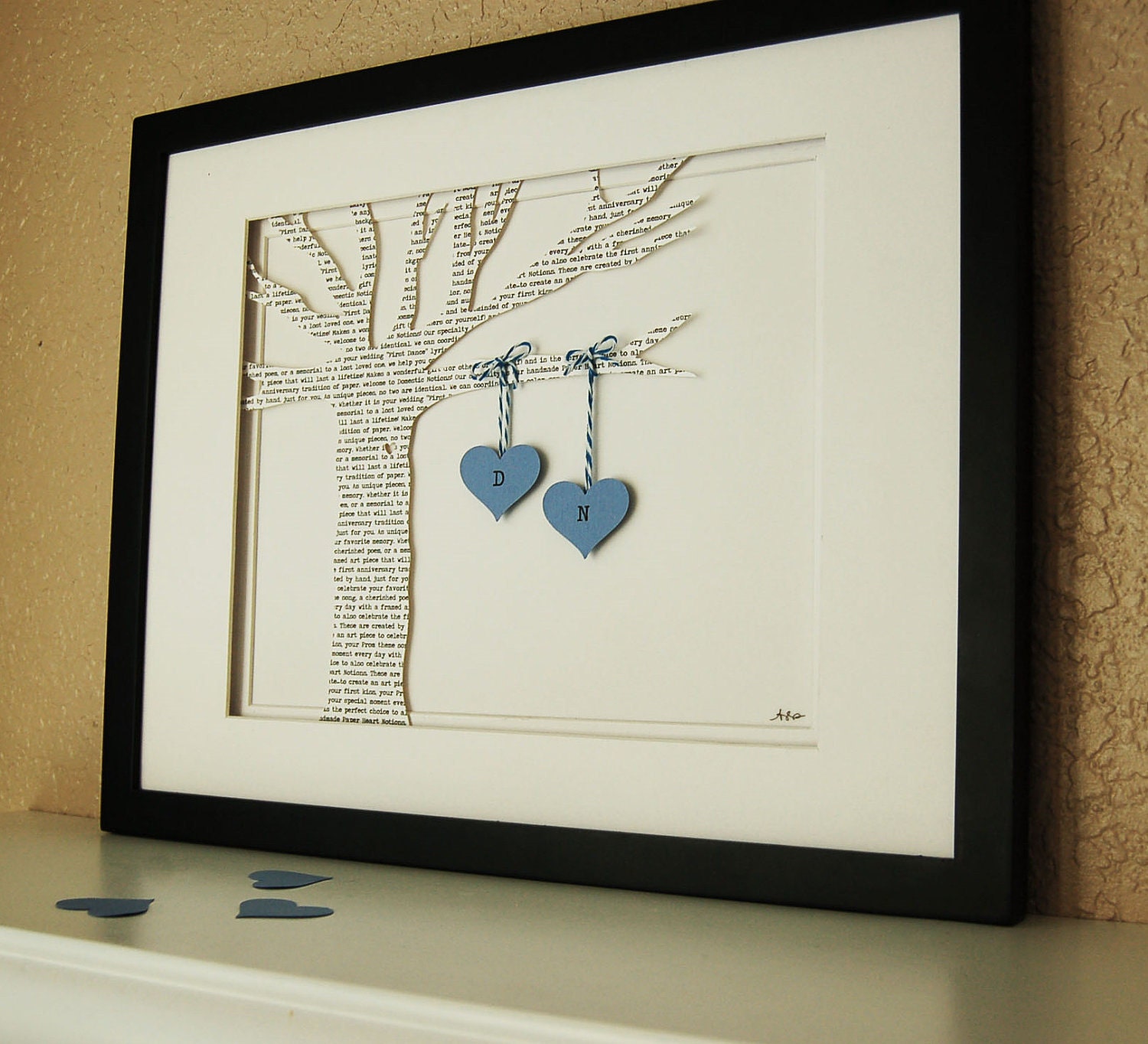 First Dance Song, Wedding Vows or Custom Wording on a Printed Paper Tree with Hanging Hearts in Blue