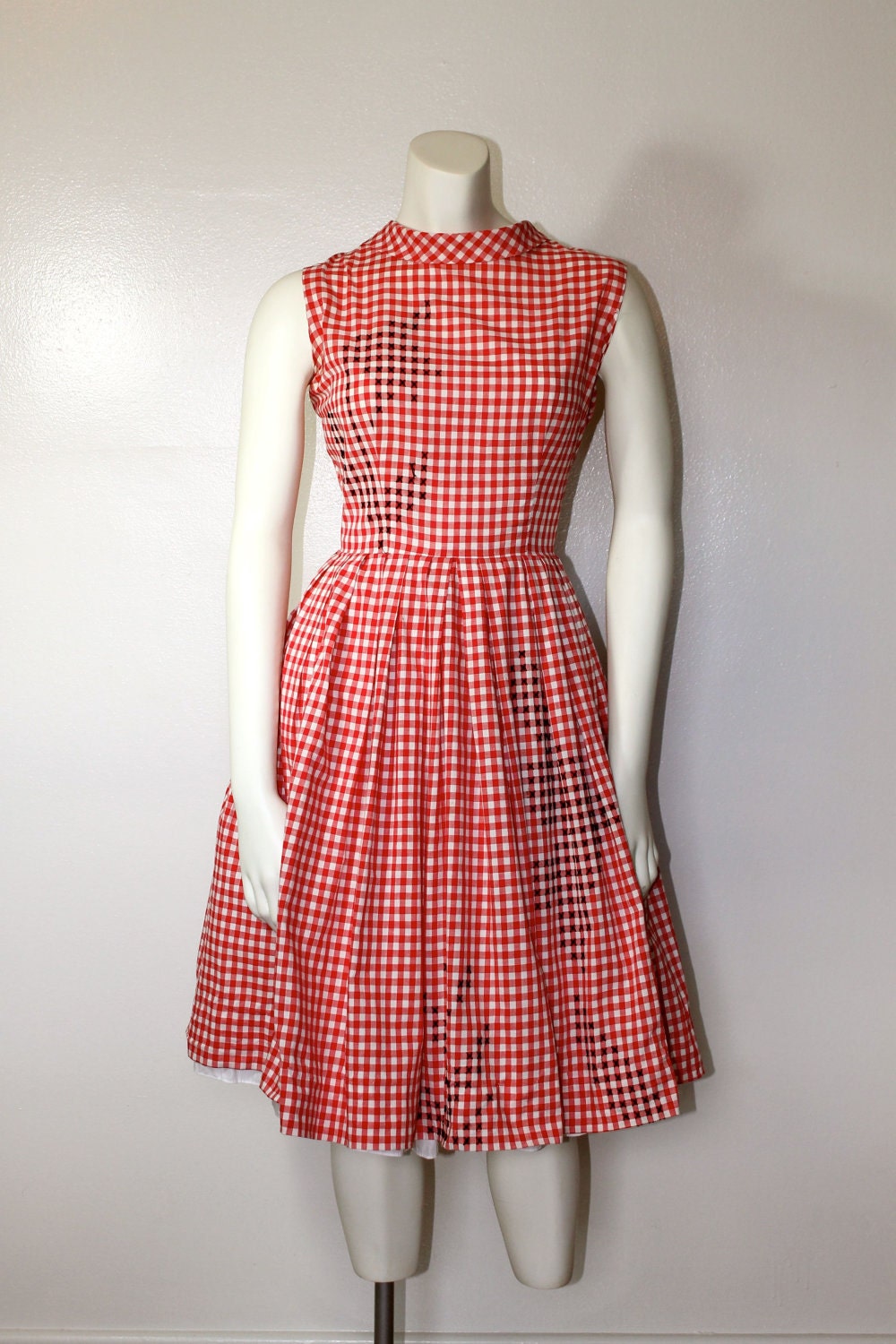 Vintage 1950s BLACK TULIP Embroidered Gingham Dress