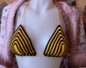 SALE Yellow Black Sexy Crochet Bikini Striped Adjustable Bra Top Halter StringTop with Thong Beach Summer Party Night Jeans Belly